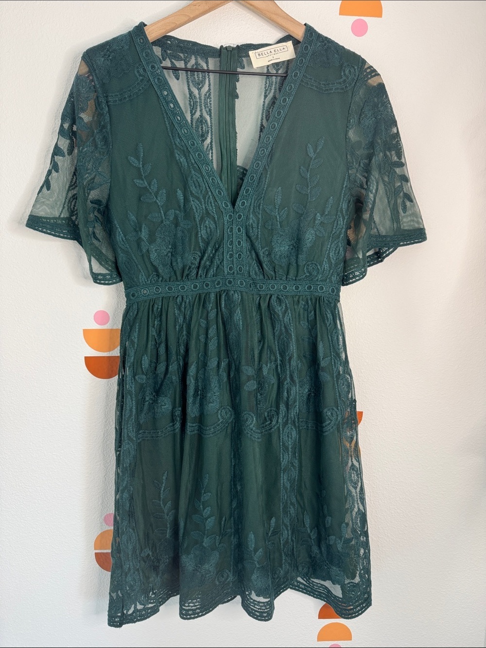 Bella Ella Boutique Lace Embroidered Dress Boho Cottagecore Flutter Sleeve N0287